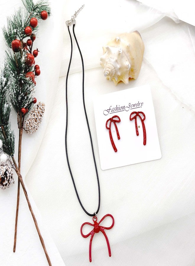 PINCHUAN Christmas Necklace for Women Christmas Bow Jewelry Set X-Mas Gift Bow Pendant Necklaces and Red Christmas Bow Earrings Set Christmas Jewelry Gifts For Women-StyB - Image 4